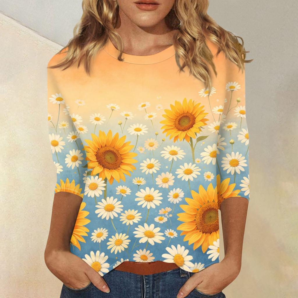 Women Casual Floral Print Round Neck Three Quarter Sleeve Top Lightweight Comfortable Fit Stylish Design Suitable for Everyday Wear