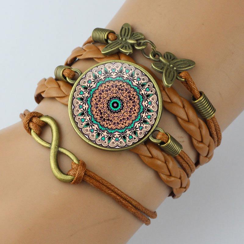 Classic Mandala Butterfly Infinity Charm Bracelet Vintage Multilayer Brown Woven Leather Bracelets For Women Men