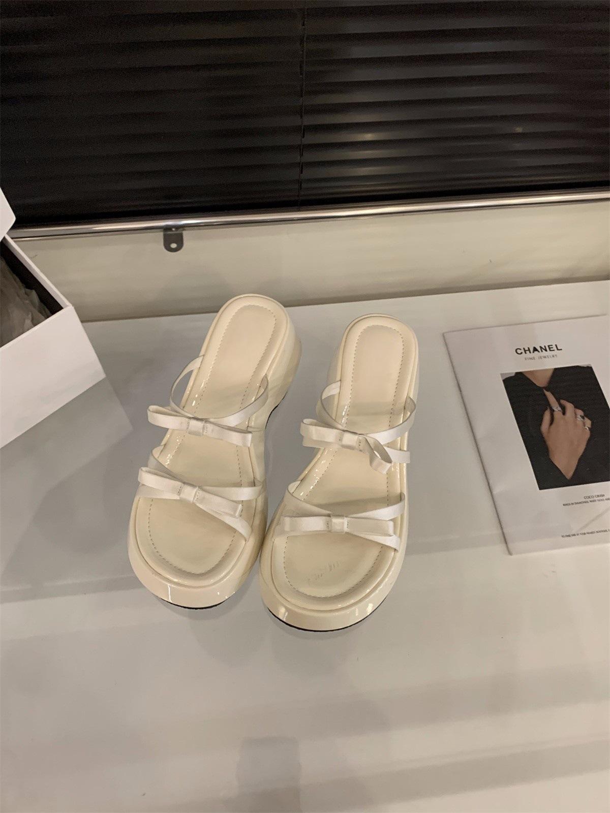 

Wedge heel high heel bow cool slippers fairy shoes thick sole heightening white sandals 39