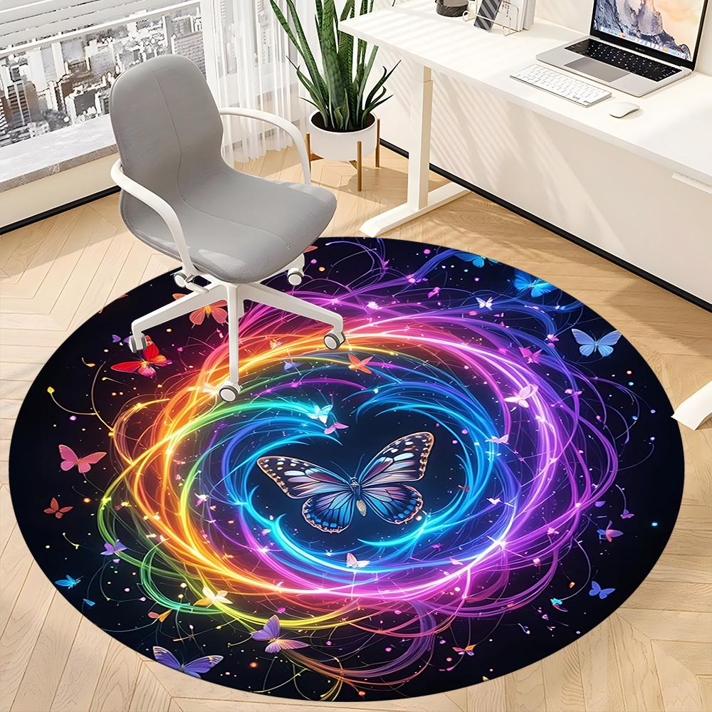 1pc Butterfly Rainbow Office Round Area Rug,  Mat Suitable ForOffice, Under Office Chairs Bedroom Living Room Home Decor, Room Deco