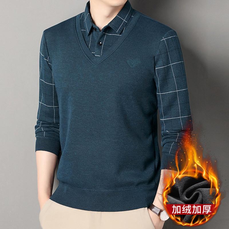 

Fashion Autumn Winter Men Lapel Plaid Button Fake Two Pieces Streetwear Business Casual Plus Velvet Long Sleeve Polo Shirts Tops 4XL зелений