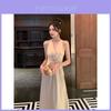 Satin Long Dress With Knit Fabric And Draped Neck For Elegant Festivals