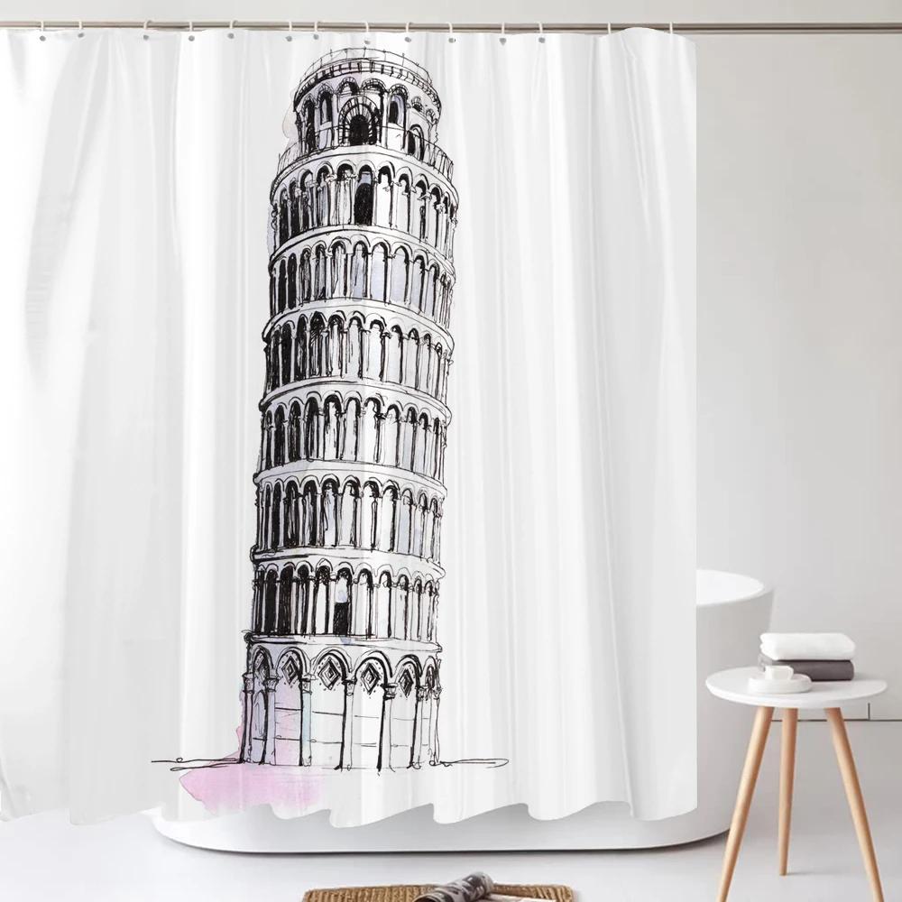Art Line Drawing Scenery Shower Curtain Waterproof Polyester Bathroom Curtain Room Decor Bathtub Curtain Textured With Hooks