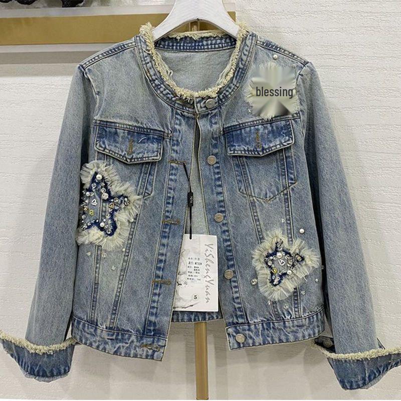 Women's Designer Heavy Beaded Ripped Denim Jacket for Spring/Autumn 2026