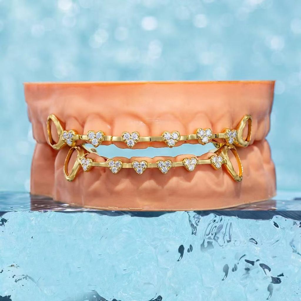 Hip-Hop 8 Teeth Real Gold Plating Braces Micro Inlay Love Diamond Cross-Border Halloween Jewelry