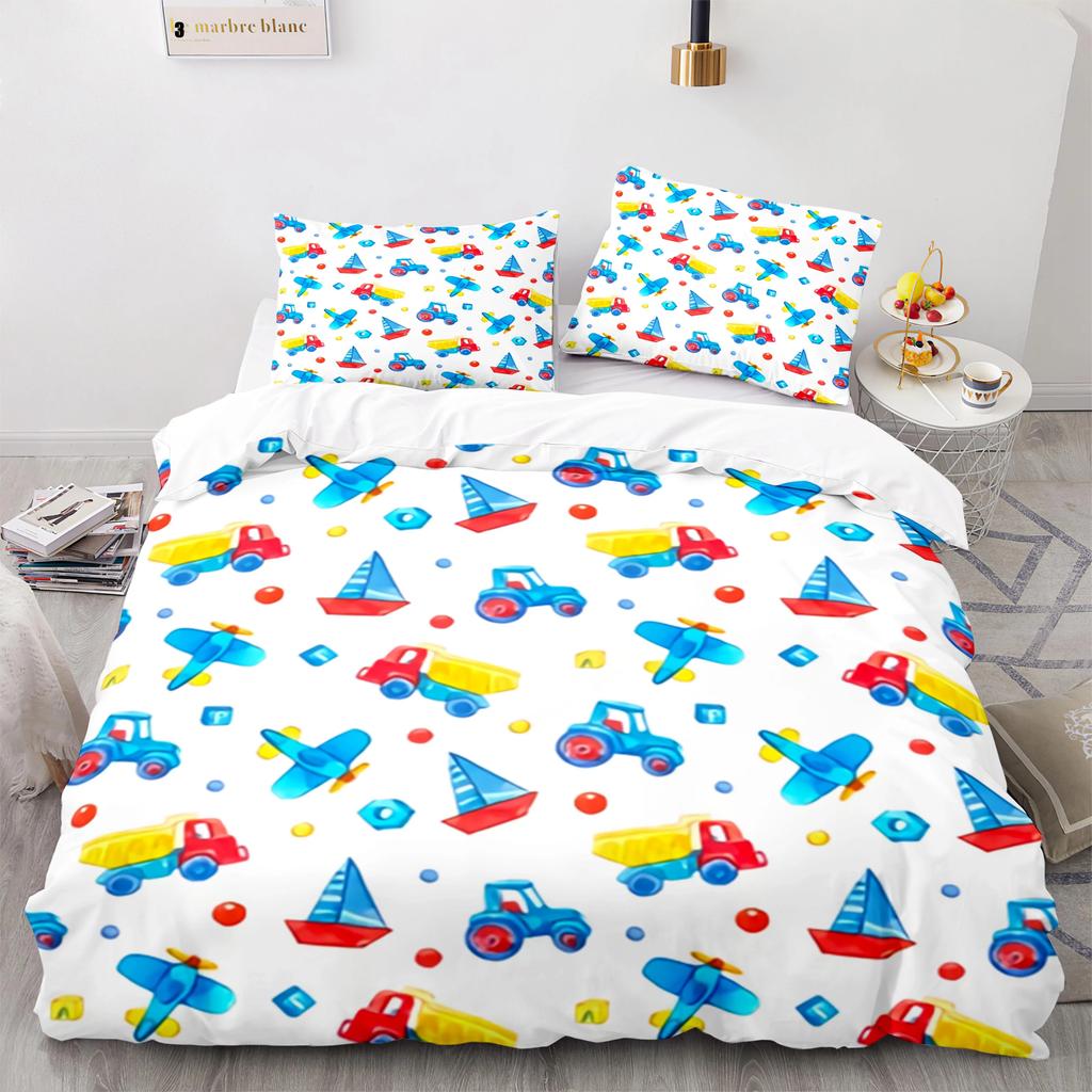 Cartoon Tractor King Queen Duvet Cover Watercolor Style Excavator Bedding Set For Kids Machinery Bulldozer Polyester Quilt Cover