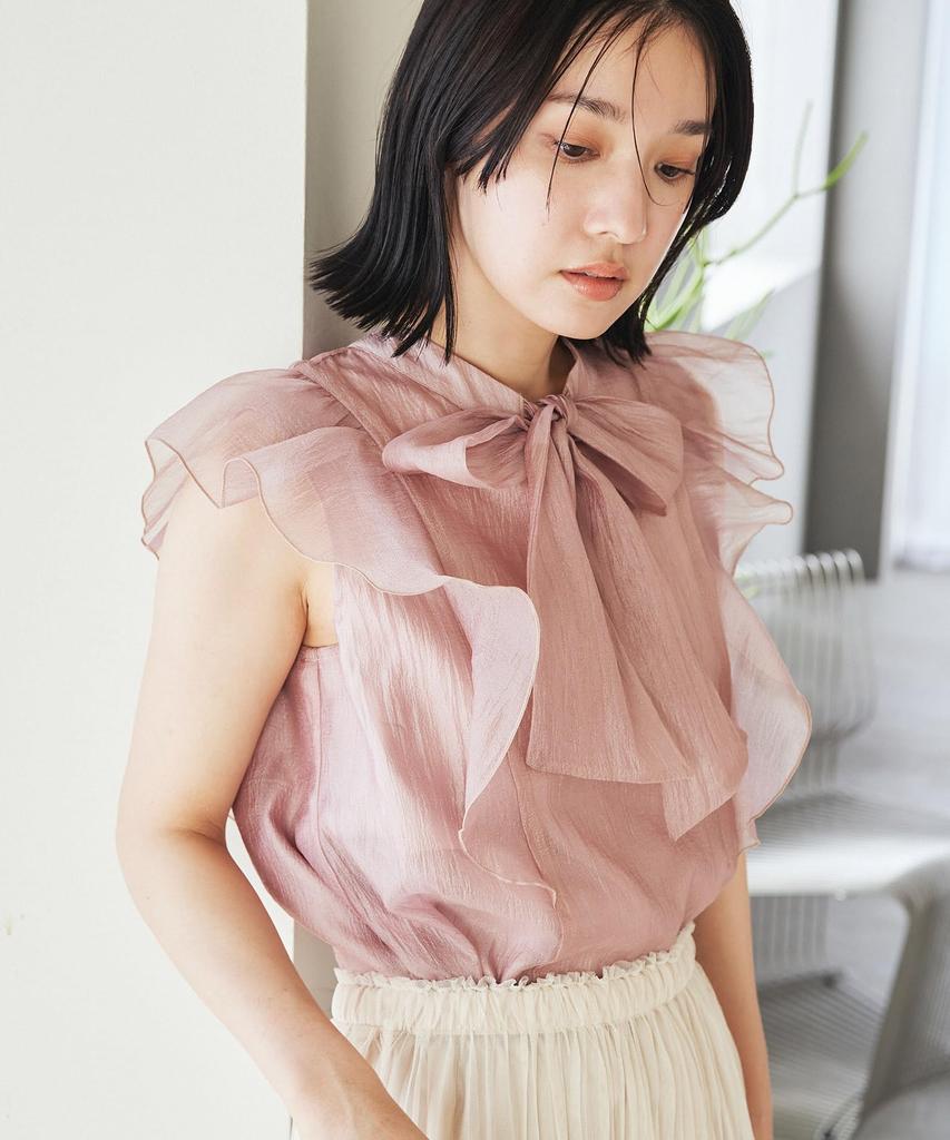 Washable Shiny Bowtie Frill Front and Pink [BIS] Women's Blouse, 2-Way Back, (63)