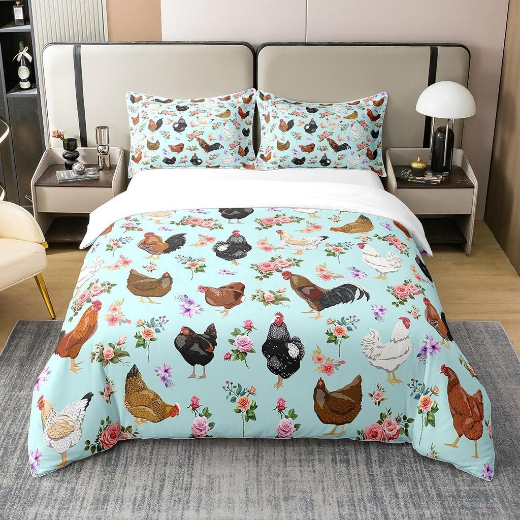 Hahn Druck Bettwäsche Bettbezug Set Niedliches Küken Bettdeckenbezug Set für Raumdeko Full King Size mit 2 Kissenbezügen 3-teilig