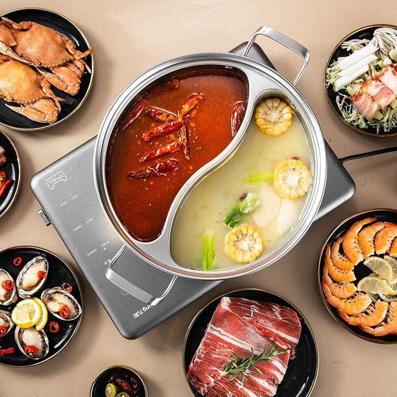 304 Roestvrij Staal Inductie-Compatibele Hot Pot voor Shabu-Shabu - Dubbele Sectie Ontwerp, Smaakveilig, Huishoudelijk Gebruik