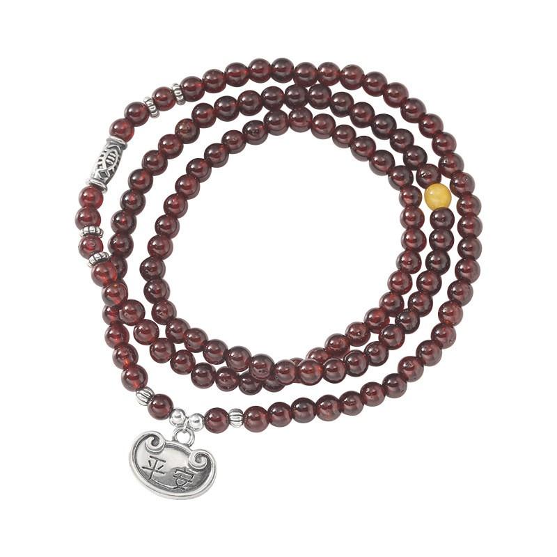 Handmade Sterling Multi-Layer Bracelet With Garnet Beads Chinese Lucky Lock Charm Women New Style 925 Sterling Silver