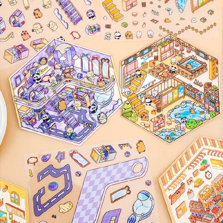 Fun 3D Miniature Scene Sticker Cartoon 3D Scenery Sticker Scrapbooking Sticker for Journal Phone Covers Water Bottle