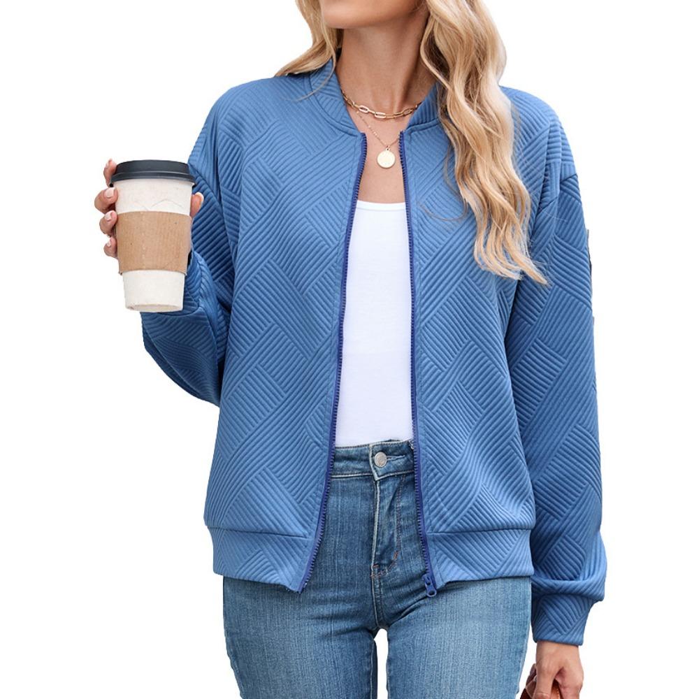 Women's Long-Sleeve Jacket Fall/Winter Solid Color Crew Neck Zipper Loose-Fit Long-Sleeve Sweatshirt Women's Baseball Jacket