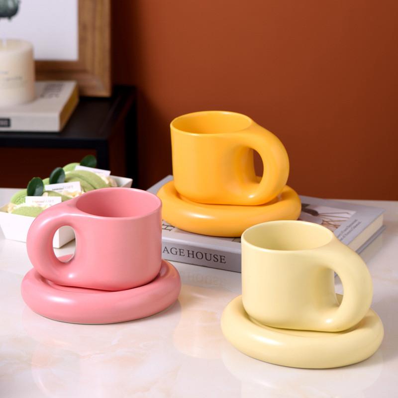 Ceramic Coffee Mug With Saucer Set Novelty Cute Fat Handle Cup  For Office And Home For Latte Tea Milk