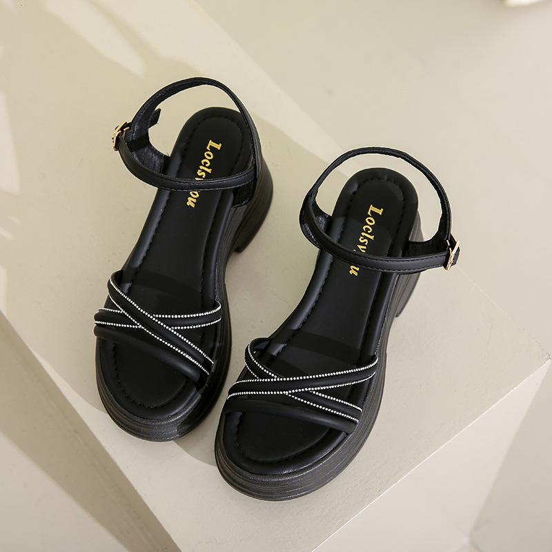 Platform sandals women's outer wear summer new rhinestone platform versatile with skirt beach shoes