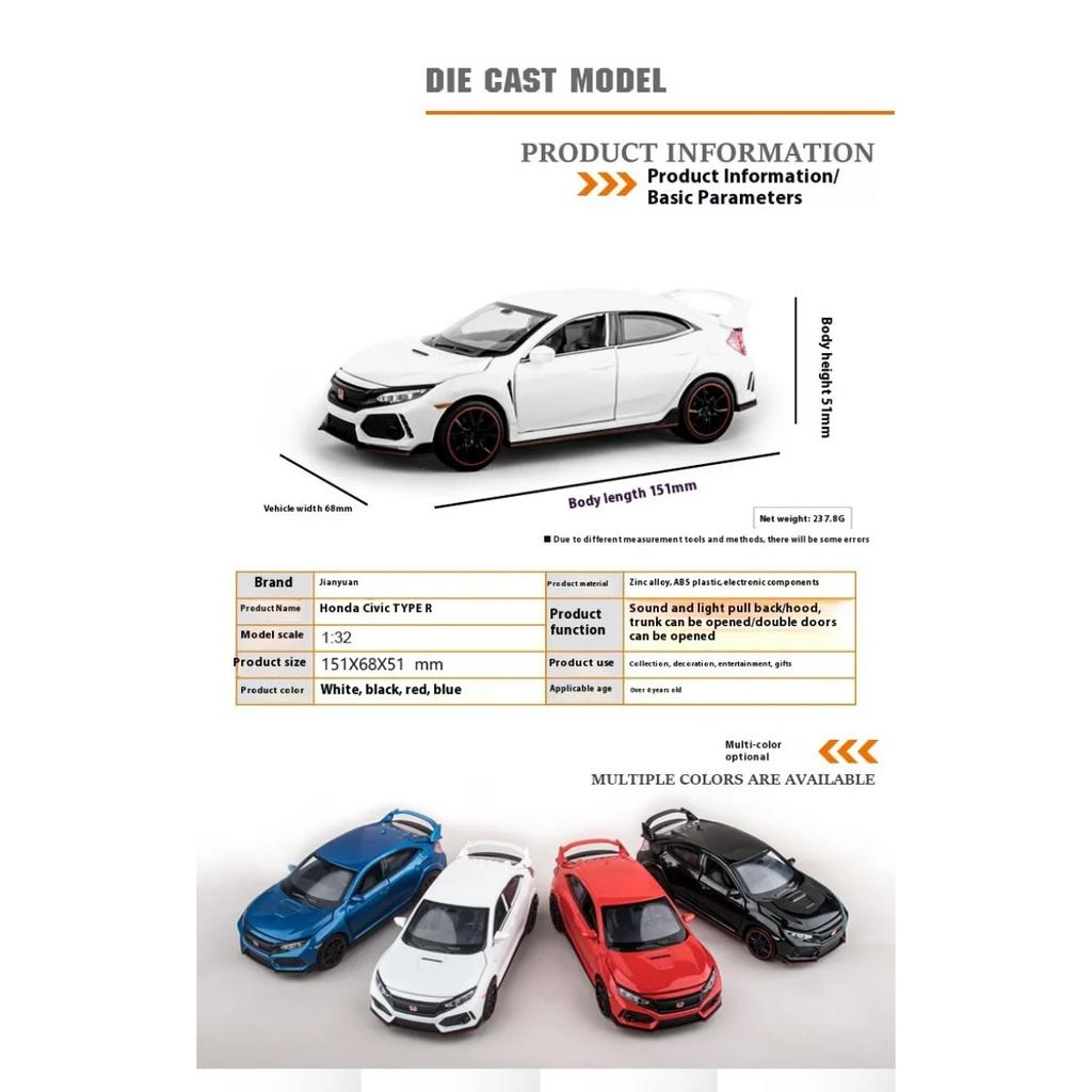 1/32 Scale Honda Civic Type-R Super Car Alloy Diecast Metal Model Sound Light Pull Back Toy Collect Display Birthday Present for Kids