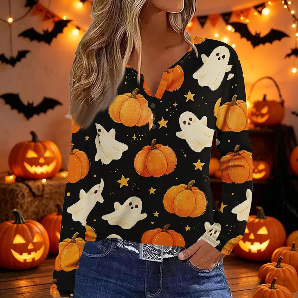 Women's Long Sleeve V Neck T Shirt Halloween Print Button Detail Casual Fashion Top Slim Fit Stretchy Fabric Comfortable Wear