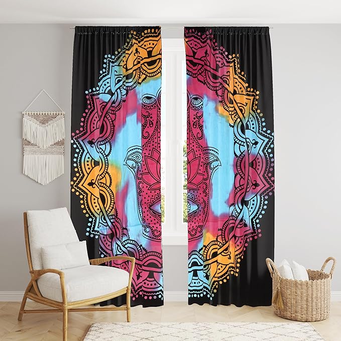 

Bless International Beautiful Indian Bohemian Psychedelic Hippie Tie Dye Window Curtain Panels for Bedroom, Living, Balcony (Red Tie Dye Hamsa Hand) 83 L x 38 W
