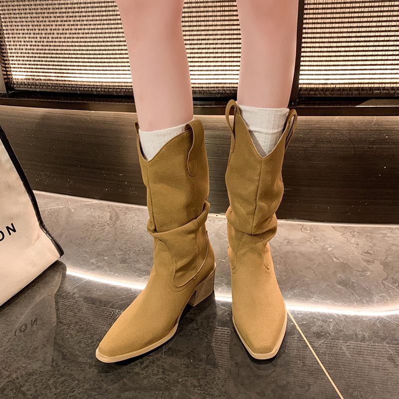 Premium Spice Girls Pointed Martin Boots Women's Autumn and Winter New Thick Heel Pleated Pile Medium Boots British Skinny Boots