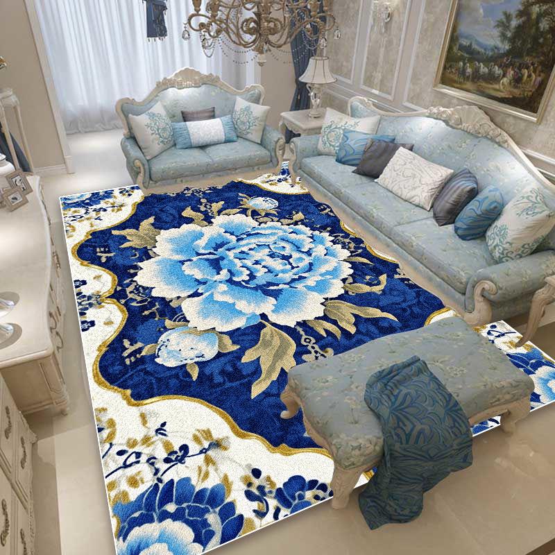 Blue Floral European Style Rugs Living Room Decoration Large Area Carpet Sofa Area Bedroom Cloakroom Non-slip Washable Floor Mat