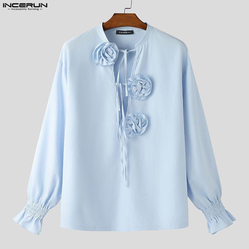 INCERUN Eleganti Camicie Casual da Uomo con Laccio al Collo, Maniche Lunghe, Fantasia Floreale