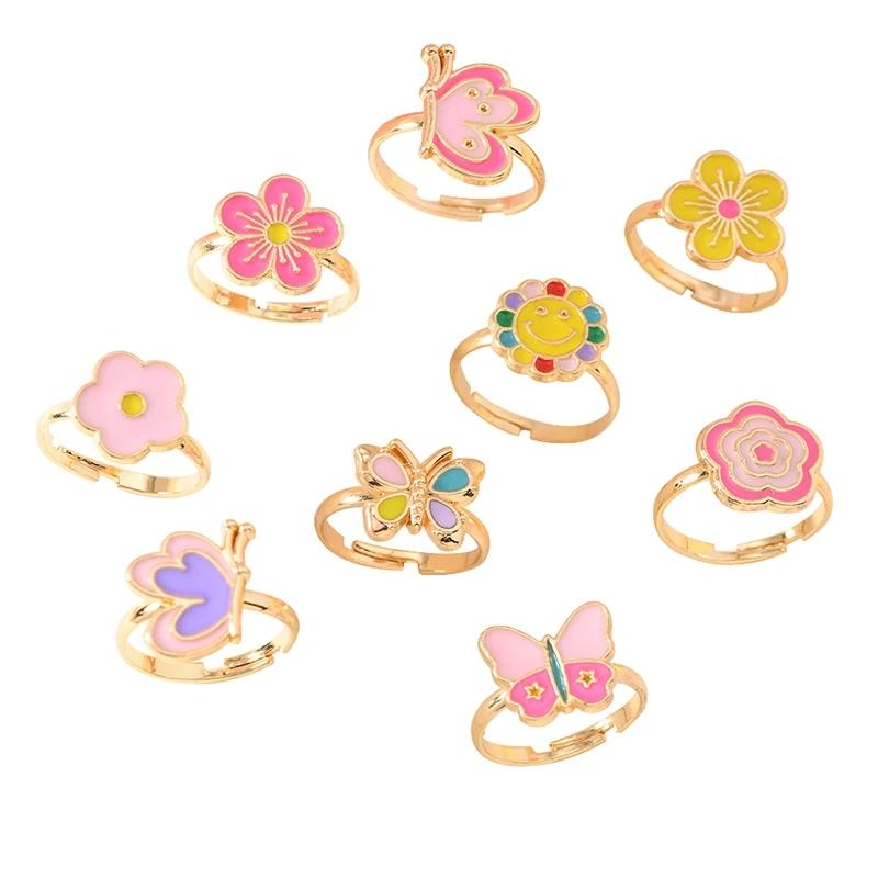 9Pcs Adjustable Rings for Girls Women Flower Butterfly Heart  Alloy Ring Fashion Beauty Jewelry Christmas New Year Gift for Girl