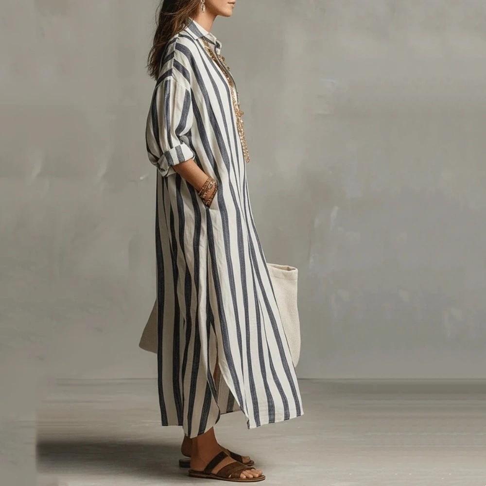 Long Sleeve Shirt Dress Patchwork Women Long Skirt Beach Wear Striped Dresses  Spring Summer