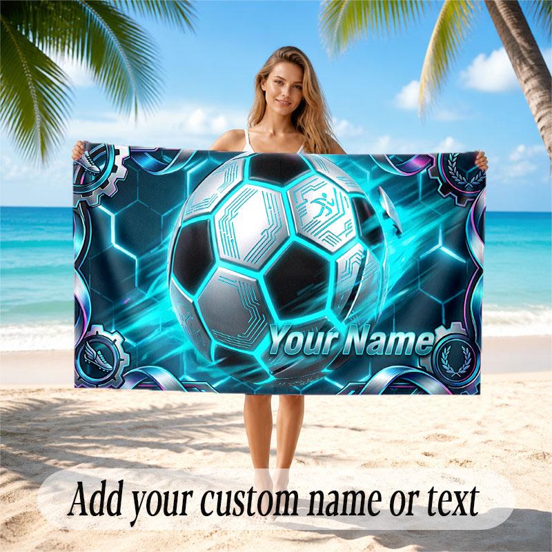 Soccer Theme Beach Towel Personalized Custom Name & Text Soft Quick Dry Beach Towel for Swimming Travel