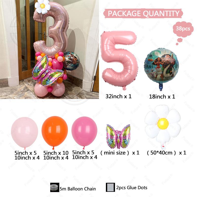 38PCS Ocean Adventures Moana Balloon Column Set 32inch Pink Number Daisy Foil Globos 1-9st Girl Birthday Party Home Decorations