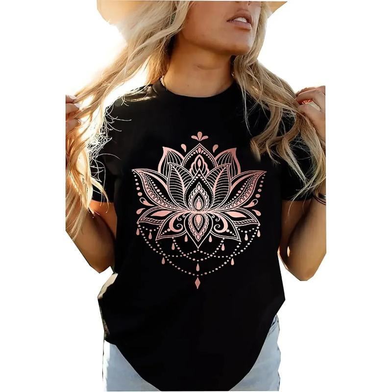 Women  Flower Graphic Tees Tops O-neck Short Sleeve Casual  Printed  Printed T-shirt Tops Streetwear Fresh and Fashionable