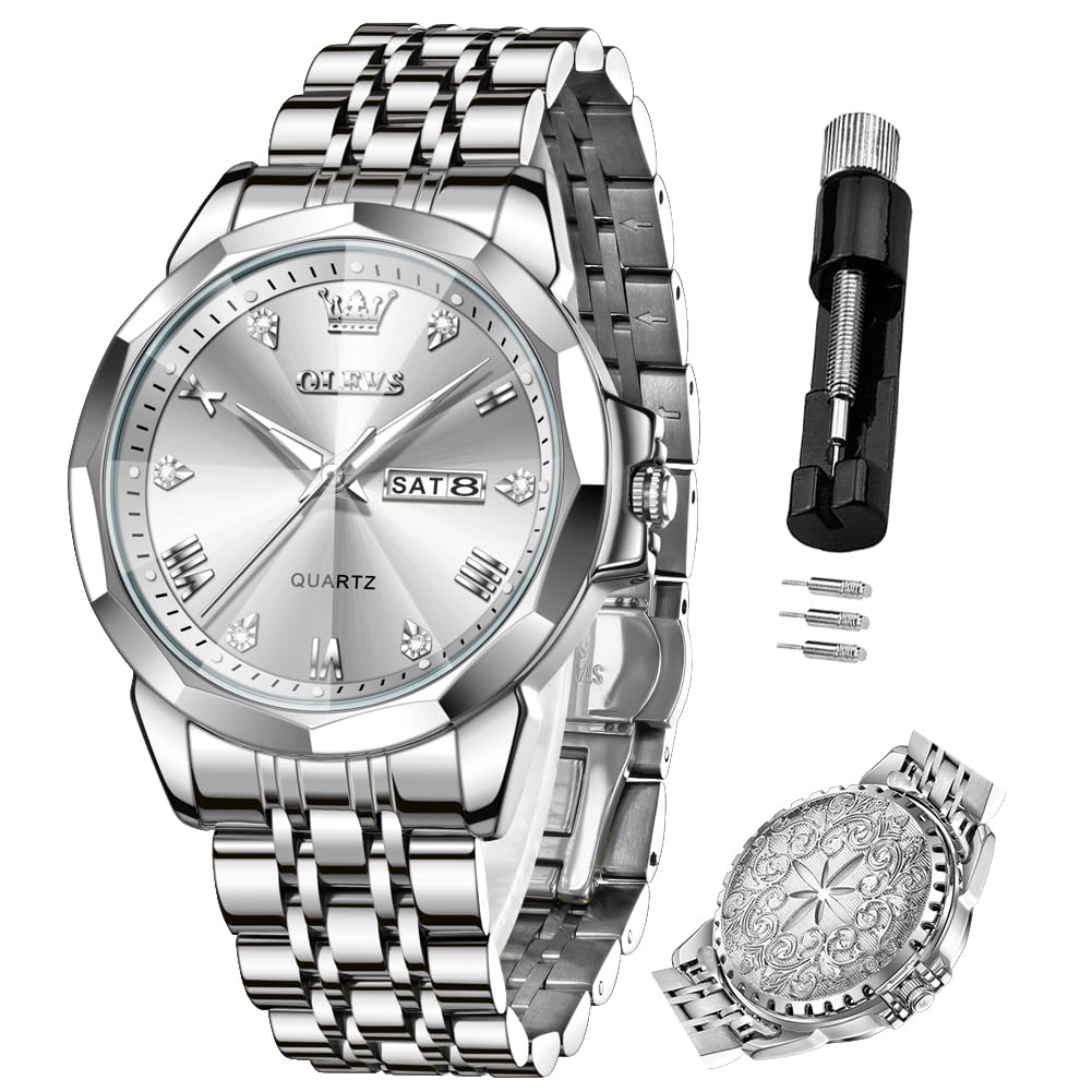 OLEVS Quartz Fragrance Stainless Date Brand White Men's Watch, Steel, Waterproof, Display, Calendar, Luminous, Popular, Stylish, Name,