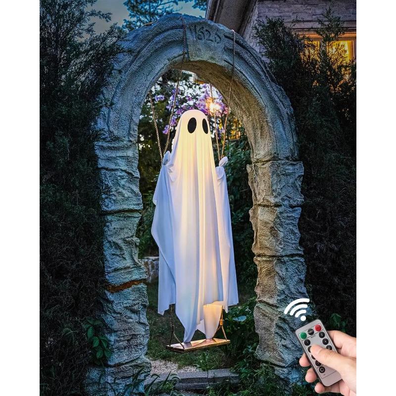 5 FT Large Hanging Swing Ghost Halloween Outdoor Decor with String Lights-Spooky Cute Ghosts Decor for Front Porch Yard Tree