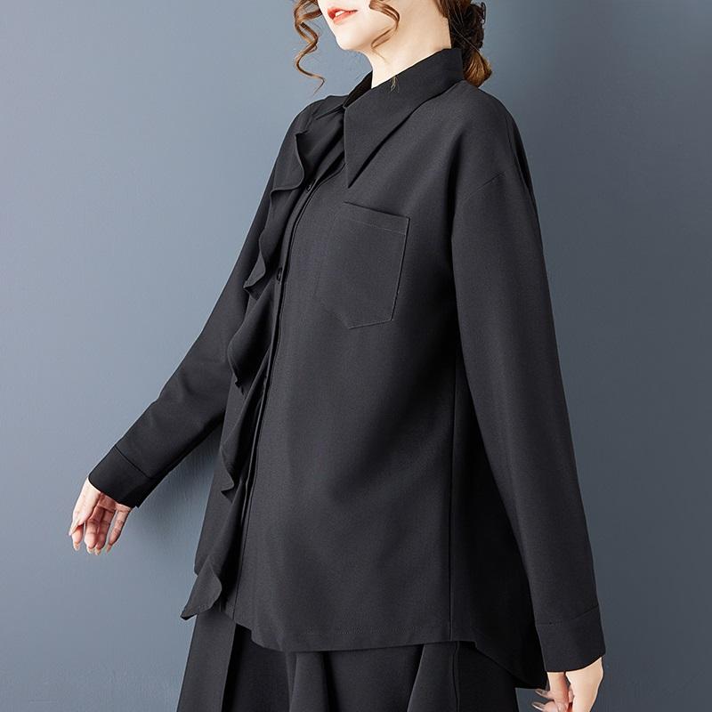Long Sleeve Oversized Vintage Black Shirts & Blouses for Blouse Casual Loose Spring Autumn Crop Tops Women Button Up Shirt