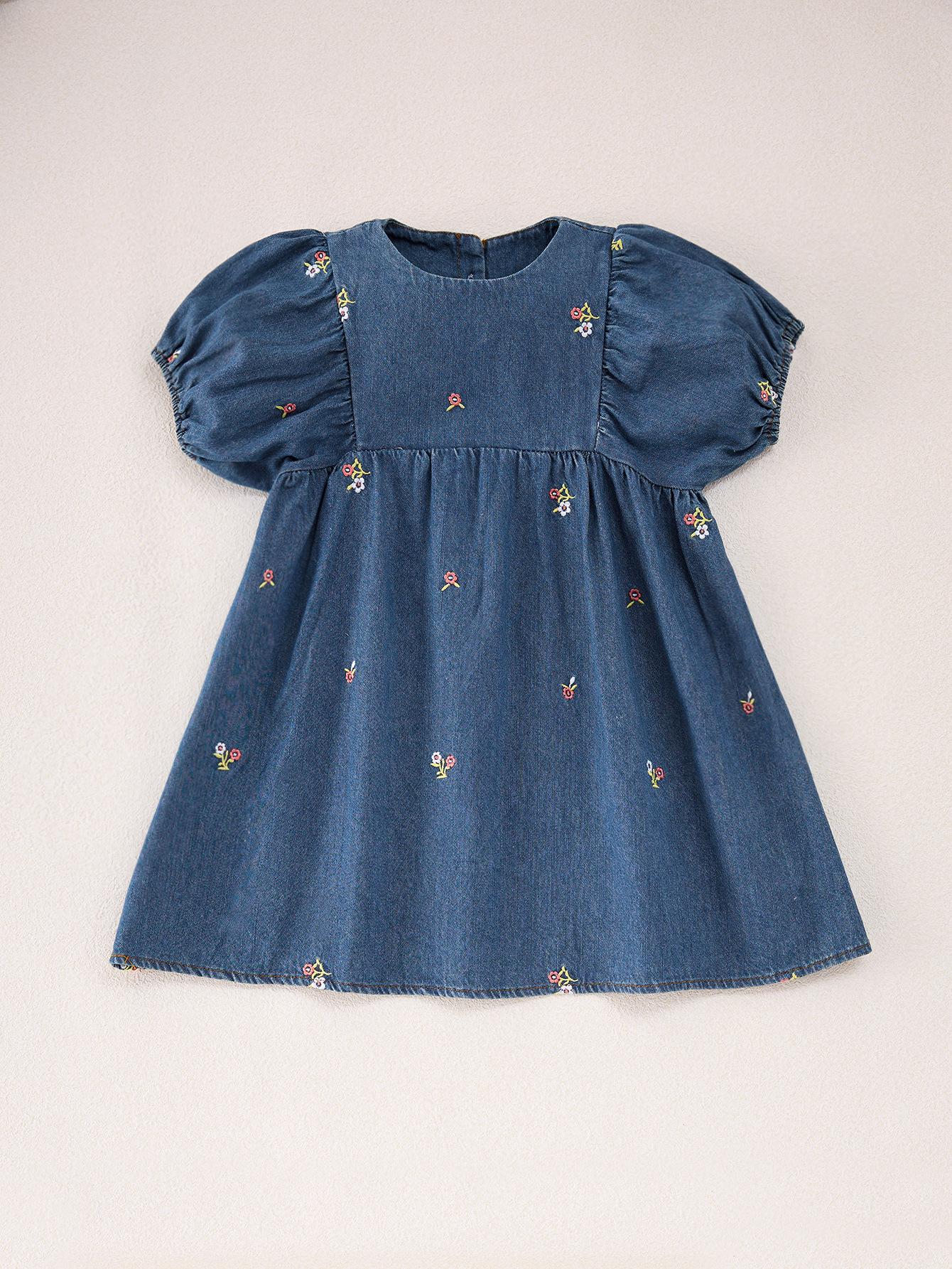 Girls Summer Denim Dress Fashionable Embroidered Princess Dress For Toddlers Stylish Short Sleeve Casual Dress 90cm темно-синий