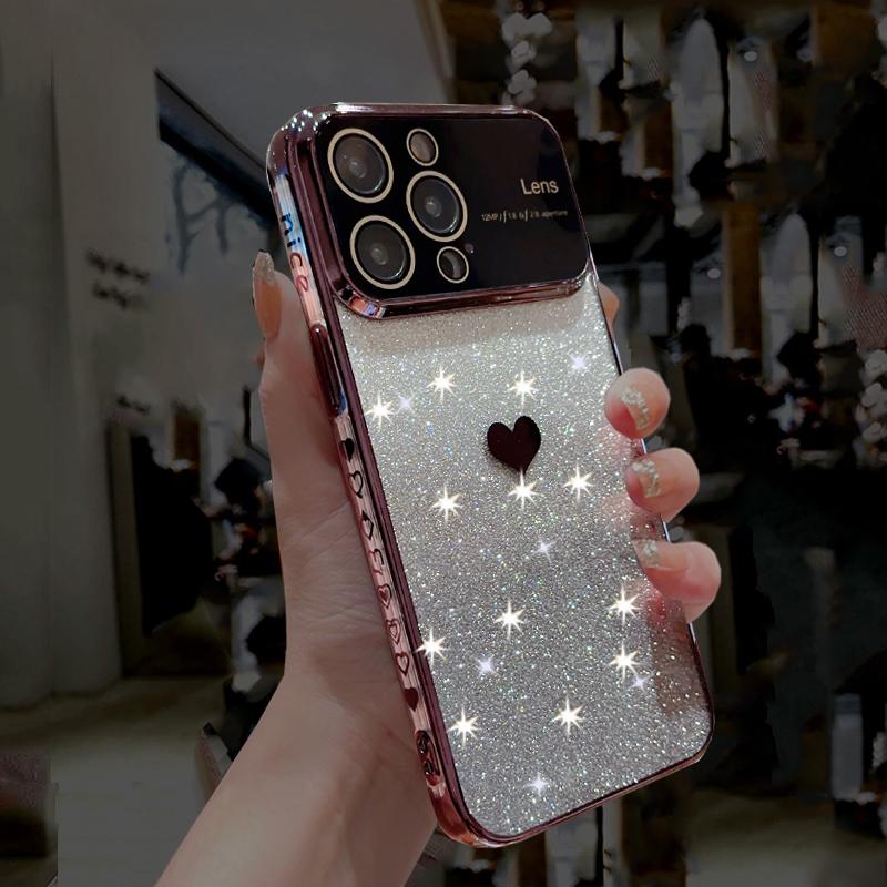 

Блестящий чехол для телефона с градиентом и сердечком для iPhone 15 14 13 12 11 Pro Max 15 Plus, противоударный мягкий силиконовый чехол из ТПУ For iPhone 15 чёрный