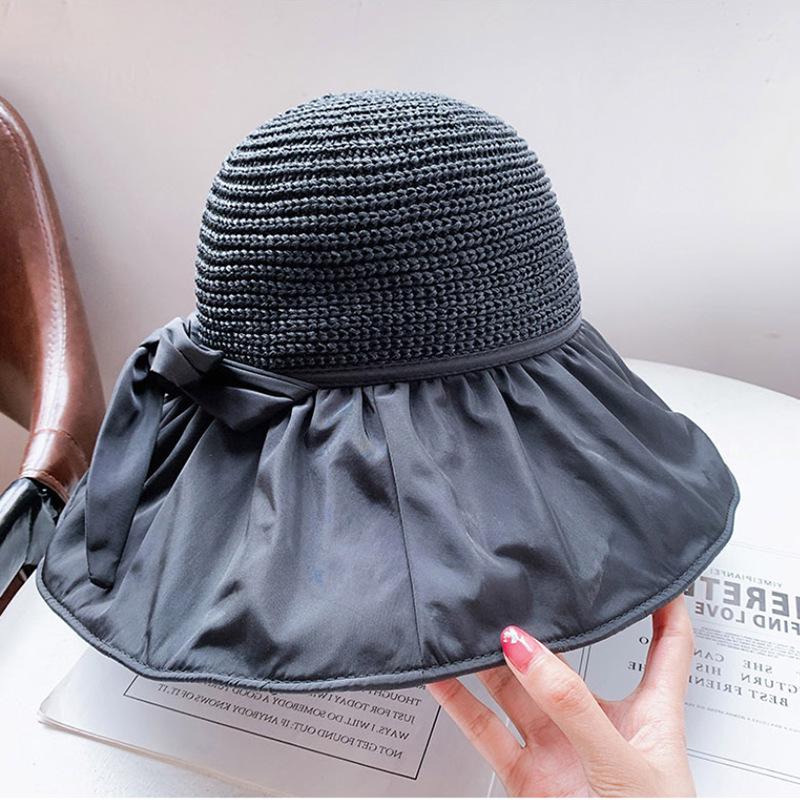 Women's Full-Coverage Summer Sun Hat with Bowknot - Versatile Black Sunscreen Bucket Hat