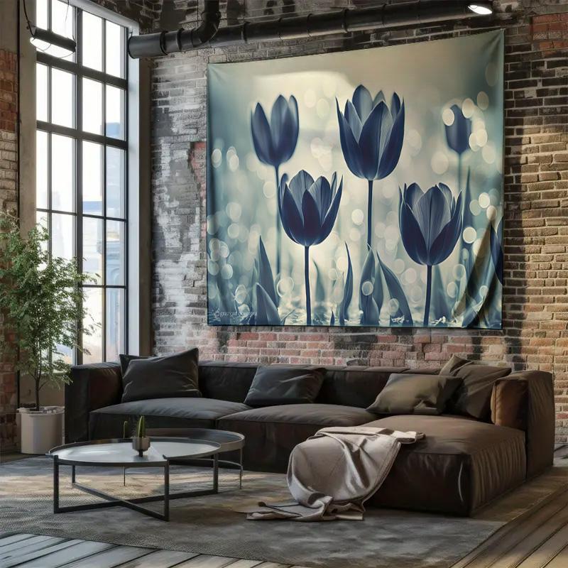 Elegant Blue Tulip Wall Tapestry Floral Bedroom Decor Decoration