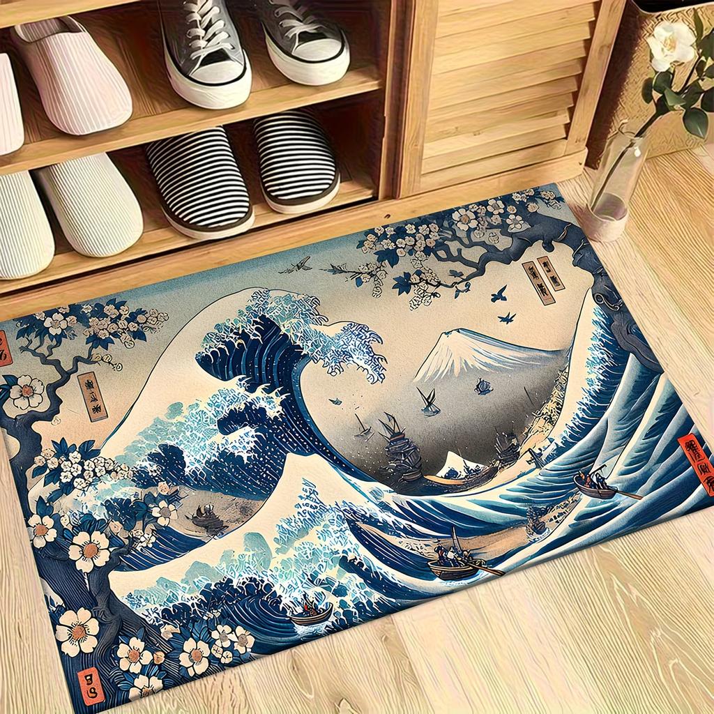 Vintage Great Wave Off Kanagawa Mat - Non-Slip Mount Fuji Pattern Entryway Rug - Unique Japanese Art Lover Gift Indoor Floor Mat