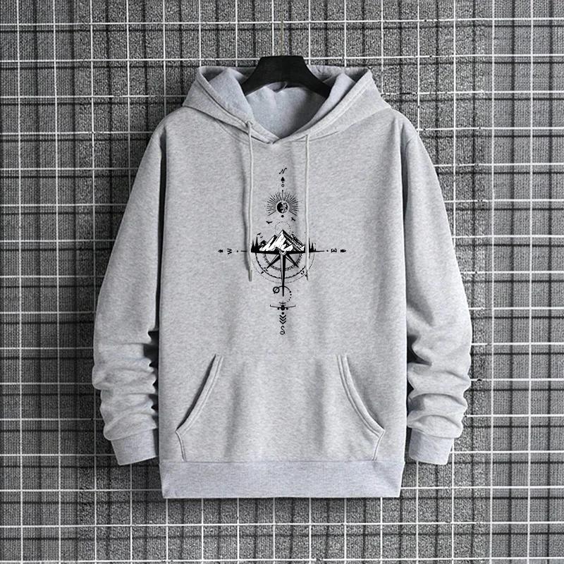 Vintage Compass Print Men's Hoodie Urban Streetwear Fashion Casual Sporty Hooded Sweatshirt Home Outdoor Comfort Warm Pullover