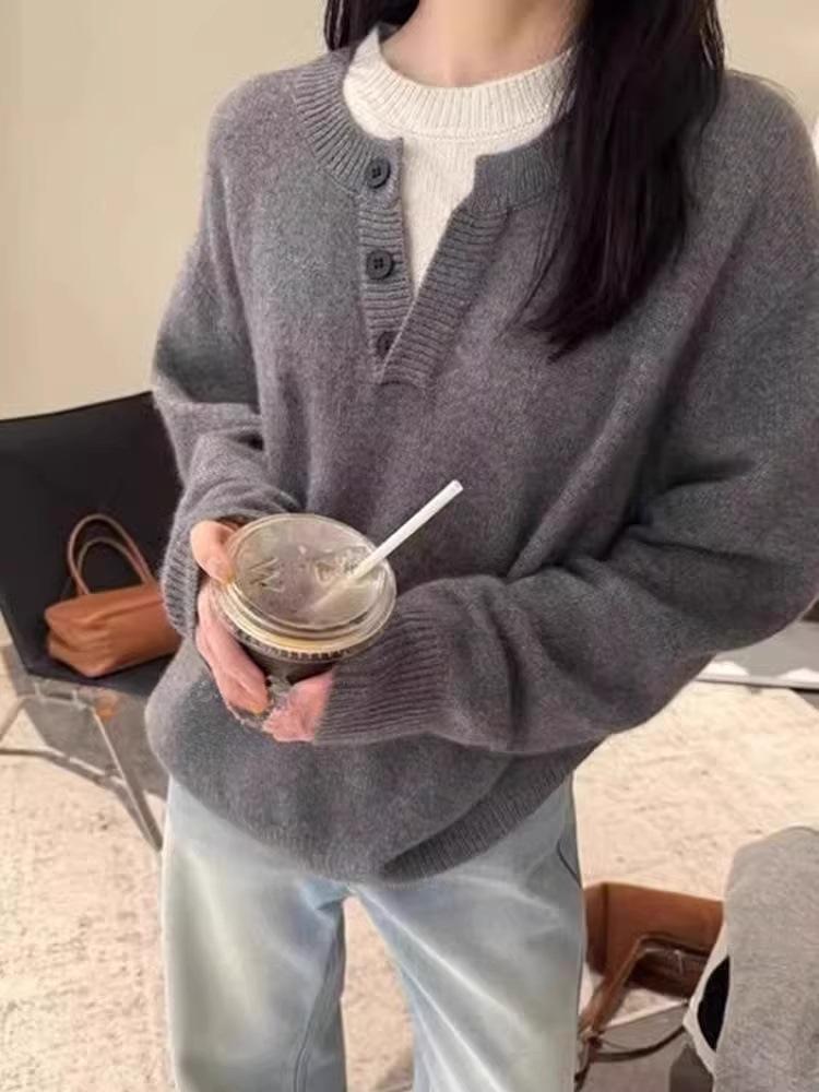 Women's Half-Zip Pure Wool Knit Sweater – Loose Two-Piece Design for Autumn/Winter
