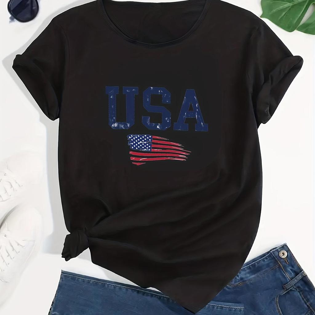 American Flag Graphic Casual Sports T-shirts, USA Letter Fashion Round Neck Short Sleeve Tops For Women, Women's Tops