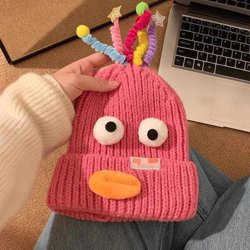 Hässliche Fischmütze Damen Herbst- und Winter-Wollmütze lässt ein kleines Gesicht sehen und hält warm Strickmütze süß hässlich süß lustig Ohrenmütze