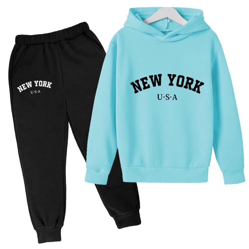 Kids Fashion Hoodie Boy Girl Toddler Pullover 3-12Years NEW YORK USA Letter Print Clothes Casual Top+Trousers 2P Coat Sports Set