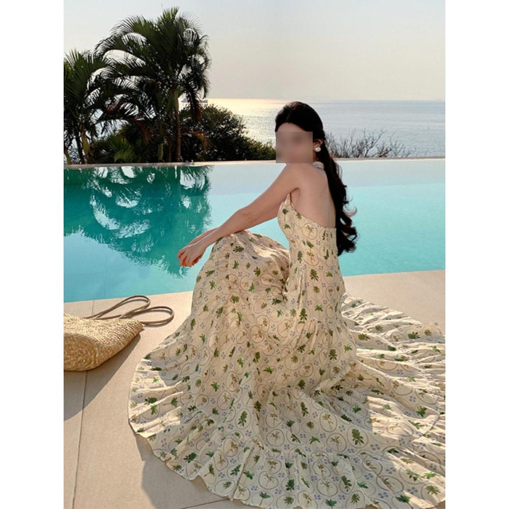 Urlaub am Meer langes Kleid Mori süßes Temperament bedruckt ärmellos Halskleid Damen lässiges großes rückenfreies A-Linien-Kleid