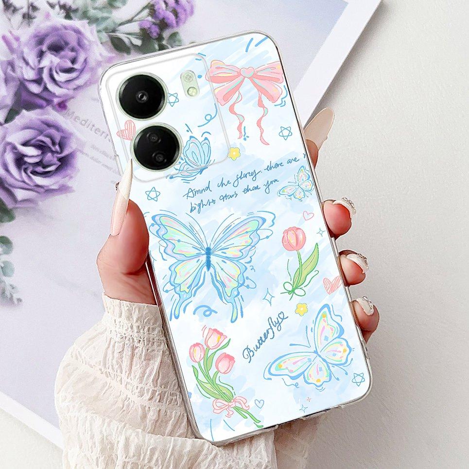 For Xiaomi Redmi 13C 5G 4G  Back Bumper Redmi 13 4G Colorful Butterfly Flower Painting Phone Case Transparent Soft TPU Silicone