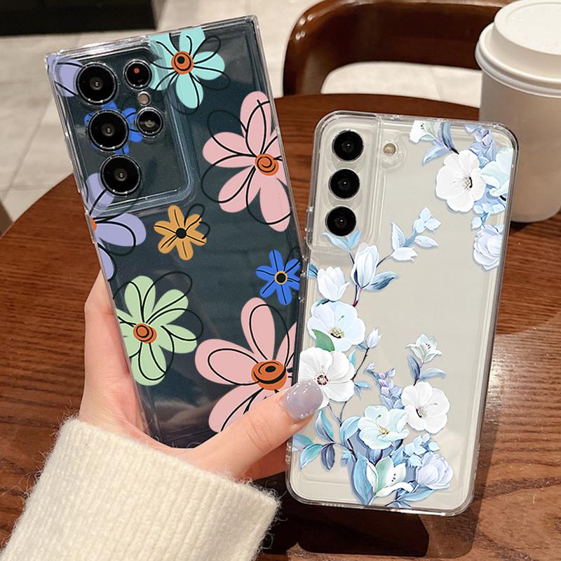 Creative Flowers Pattern Phone Case For Samsung Galaxy S26 S25 S24 S23 Ultra S22 Plus S24 S21 FE S25Edge Transparent Soft Cover