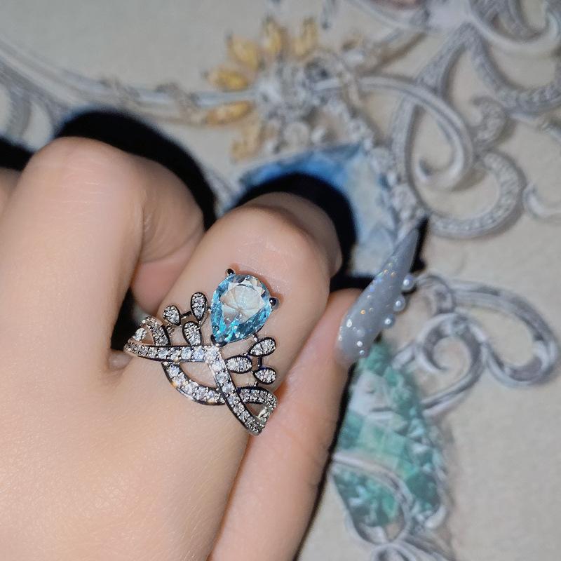 2026 Colored Treasure New Product, Pear-shaped Water Drop Personalized Yellow Diamond Crown Ring Women, Fashionable Light Sea Blue Treasure Diamond