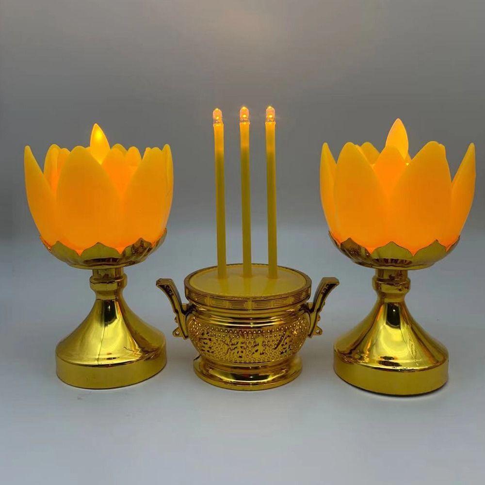 Plastic Lotus Candle Set Gold White Electronic Candlestick Set  Desktop Ornament