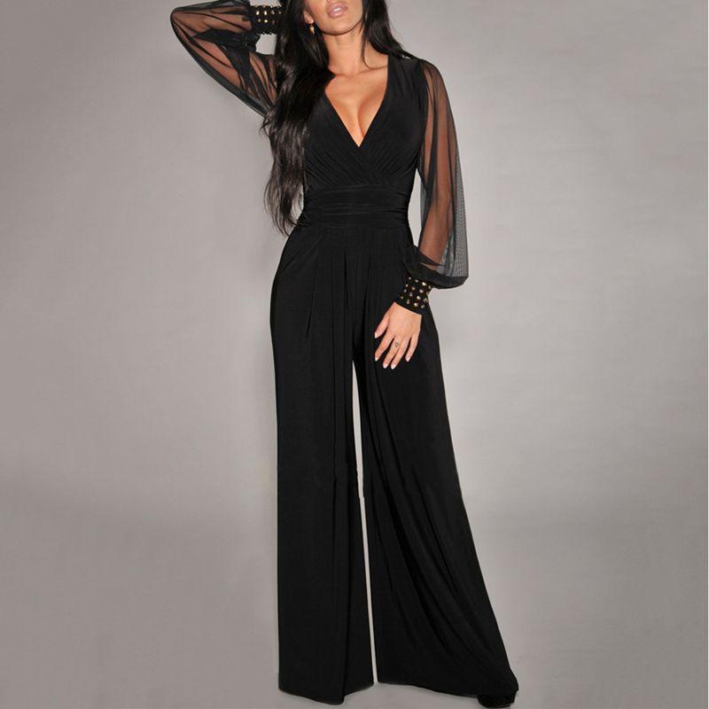 

Black Fashion Jumpsuit V-neck Mesh Stitching Rivet Straight-Leg Trousers Thin Jumpsuit Summer Black 3XL