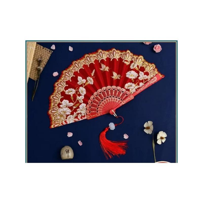 1 Stück Chinesischer Antiker Stil Blume Frauen Faltfächer mit Quastenfransen Hanfu Cheongsam Tanzfächer Foto-Requisiten Sommer Handfächer