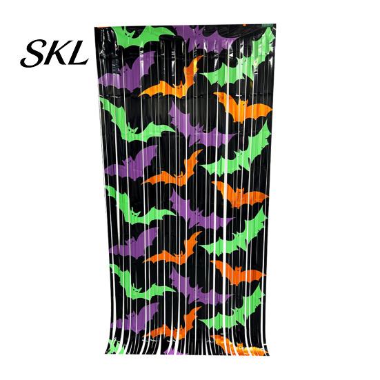 Halloween Room Decoration Foil Fringe Curtain for Halloween, Orange Purple Black Background Event Photo Booth Props, Pumpkin Ghost Bat Party